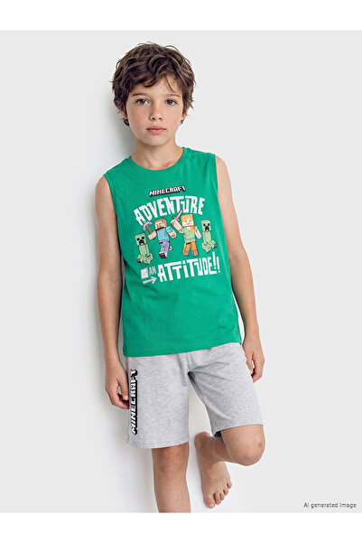 LC Waikiki LCW Kids Zeleni Minecraft Šorti za Dečake sa Printom Pidžama Set