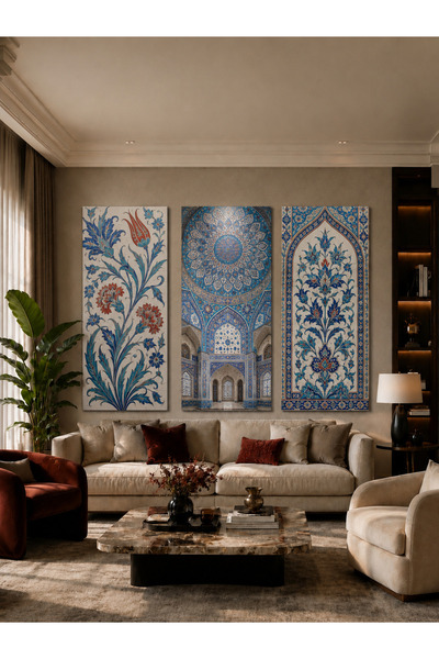 Zerawall MDF Tablo İznik Çinisi ve Osmanlı Motifli 3’lü Set – Salon Duvar Dek...