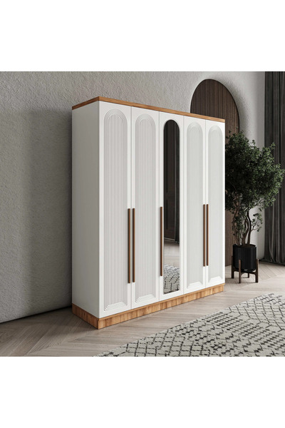 MaceraMobilya Rosa 5 Kapaklı Aynalı Komple MDF Gardırop Yatak Odası Dolabı - ...