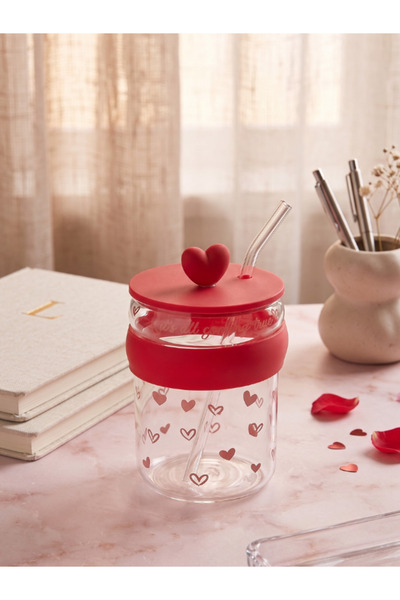 Tohana Heart Themed Glass Mug with Straw - Gift for Lovers
