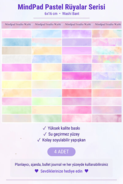Mindpad 4'lü Pastel Rüyalar Washi Bant Seti, Sulu Boya Desenli Maskeleme Band...