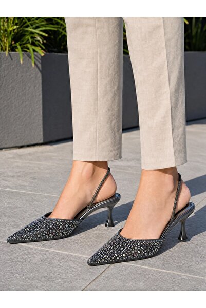 DERİ KABUSU Women's Heel Shoes with Open Back and Stone Detail T-992