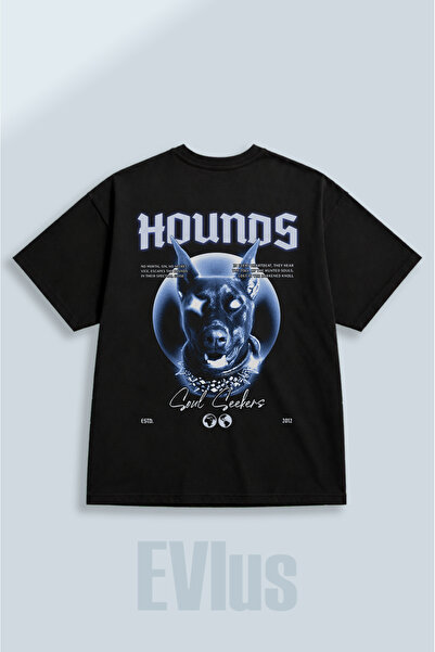 EVIus Tricou negru oversize cu imprimeu Hounds, 100% bumbac, cu decolteu rotu...