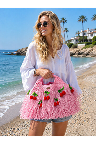 edirneörgü Velora Large Size Cherry Figured Hand Knitted Paper String Tassel Summer Beach Bag