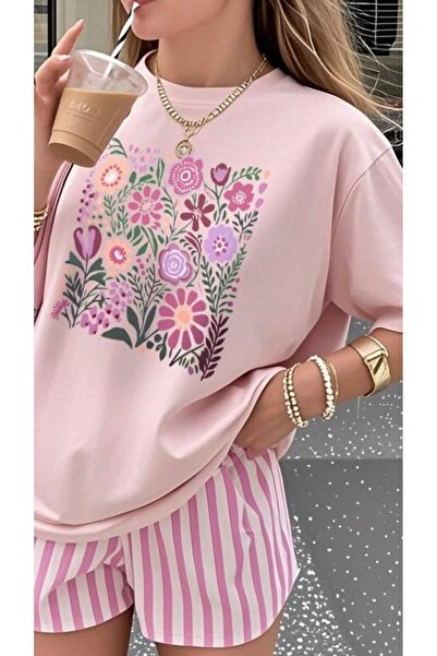 classy moda Μπλουζάκι Unisex Oversize με στάμπα ροζ λουλουδιών και πεταλούδων...