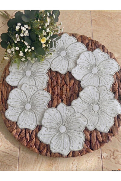 KUMSAL ÇEYİZ 6 Pieces of Coffee Napkins with Pearls and Daisy Design, Special...