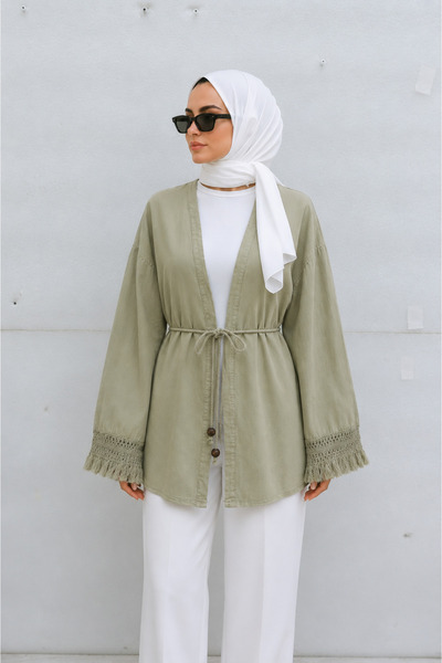 bellura Kol Manşeti Dantel Püsküllü Bağcıklı Keten Görünümlü Kimono