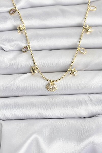 Mega Bazaar Brass Gold Color Zircon Stone Seashell Model Women's Necklace