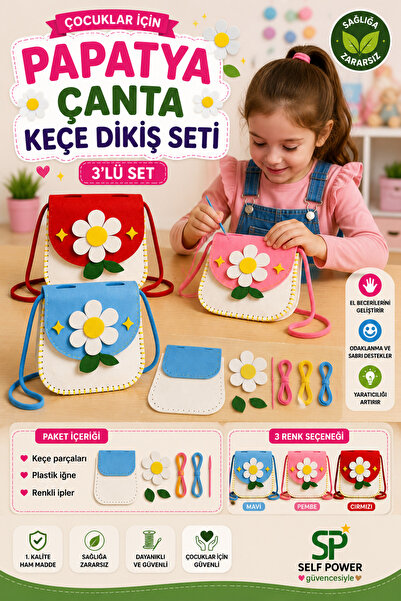Self Power 3 lü Eğitici Keçe Dikiş Çanta Seti – Çocuklar İçin El Becerisi Geliştirici DIY Çanta Yapım Kiti
