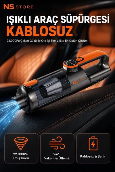 NS Store 22.000 Pascal Güçlü Kablosuz Araç Süpürgesi Vakum ve Üfleme 2in1 LED...