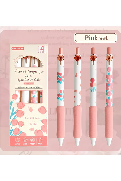 ÖZ OFİS Kawaii 4'lü Moka 0.5mm Lale Desenli Sünger Tutuşlu Basmalı Jel Kalem ...