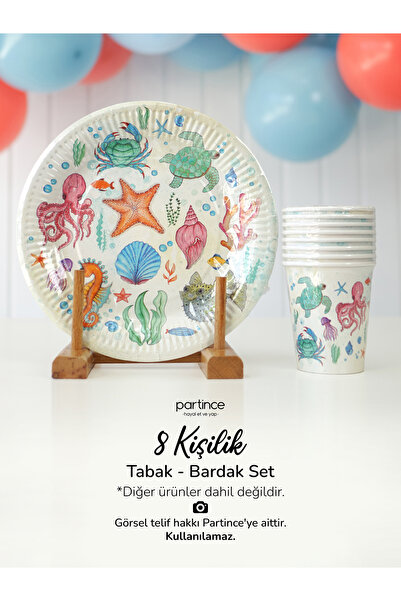 partince 8 Kişilik Deniz Canlıları Kullan At Karton Tabak Bardak Parti Seti