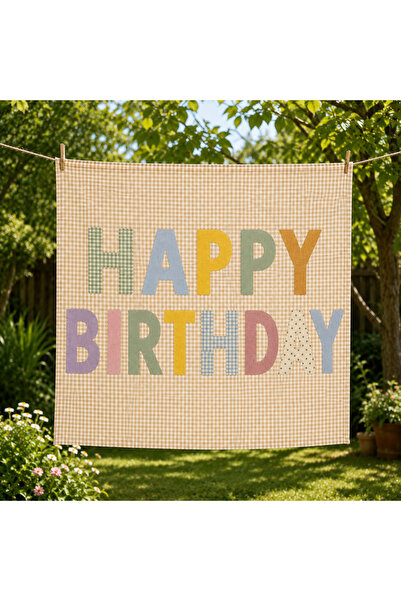 Minia Happy Birthday Kumaş Pankart 100x100 cm | Krem Pötikare Zeminli, Renkli...