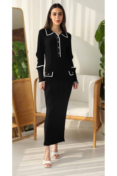 2TRENDY Women's Long Sleeve Contrast Color Knitted Dress Black
