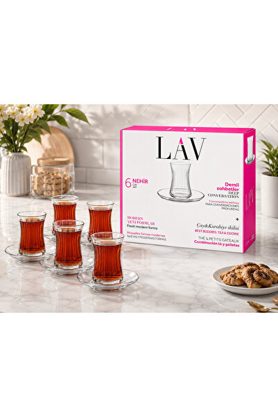 LAV Nehir 12 Parça Çay Seti | 6 Kişilik Cam Çay Bardağı ve Tabak Takımı
