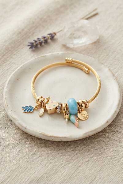 Lisinya Gold Color Bracelet with Bird Figure and Blue Charm -