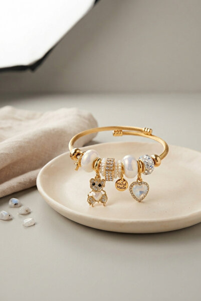 Lisinya Teddy Bear Model Gold Color White Charm Bracelet -