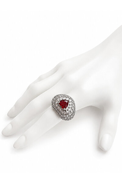ElectraStore Silver Adjustable Ring With Red Heart Crystals