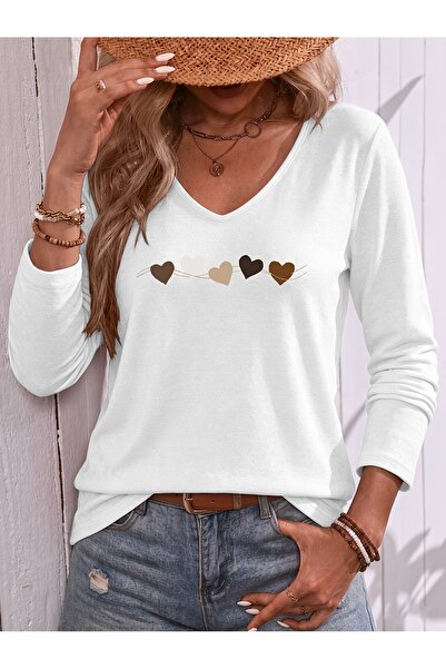 Deocept Heart Printed Cotton V-Neck Long Sleeve Blouse