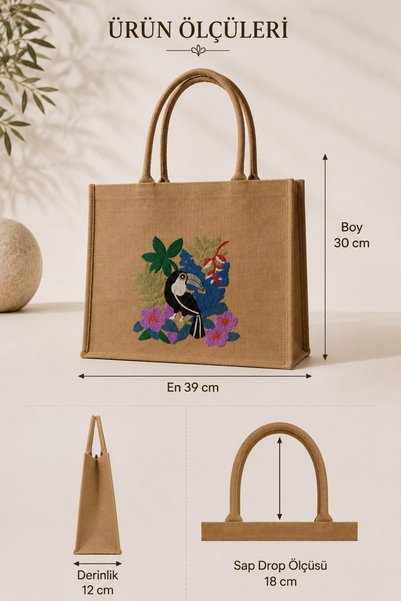 ICONE BAG Icone Jute Fabric Embroidered Beach Bag, Jute Beach Bag, Embroidered Beach Bag, Beach Bag, Beach Bag, Parrot Embroidered Bag