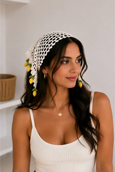 bysoca Women's Beige-Ecru Knitwear Lemon Dangle Knitted Bandana Summer Hair S...