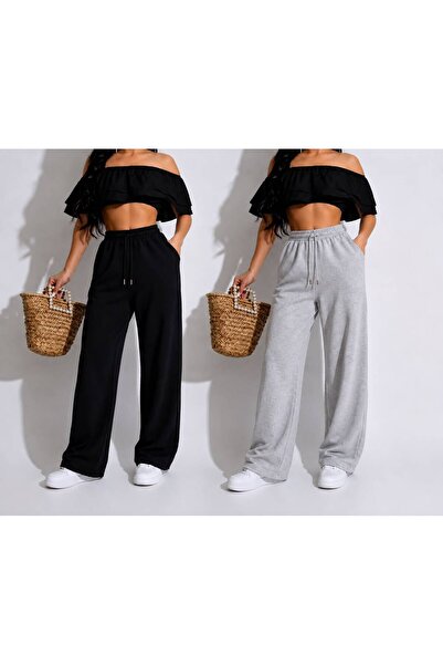 SULVERY 2 BUCĂȚI PANTALONI DE TRENING DE VARĂ NEGRU GRI CU TIV LARG