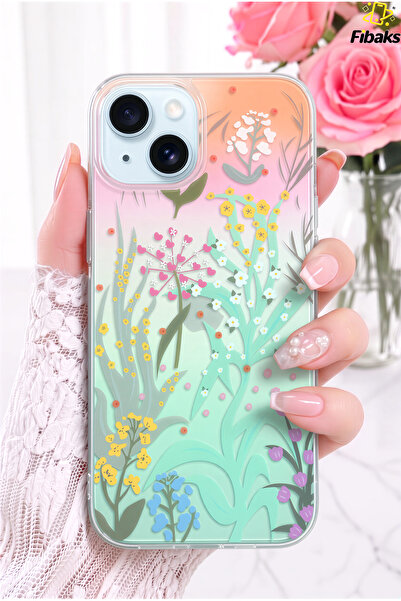 Fibaks iPhone 13/14/15 Kılıf Bahar Bahçesi Desenli Şeffaf Silikon | İçten Bas...