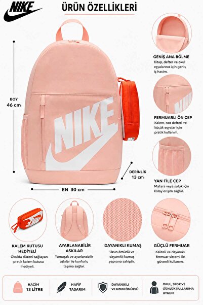 Nike Sırt Çantası 13 L 30x46x13 cm Kalem Kutulu Günlük Okul Çantası NK610 W