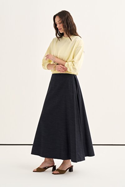 EBU Prive Women's Side Pleated Jean Skirt Dark Navy Blue