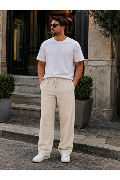 WE&ME Men's Linen Trousers Baggy Fit Elastic Waist Lace-Up Summer Casual Comf...