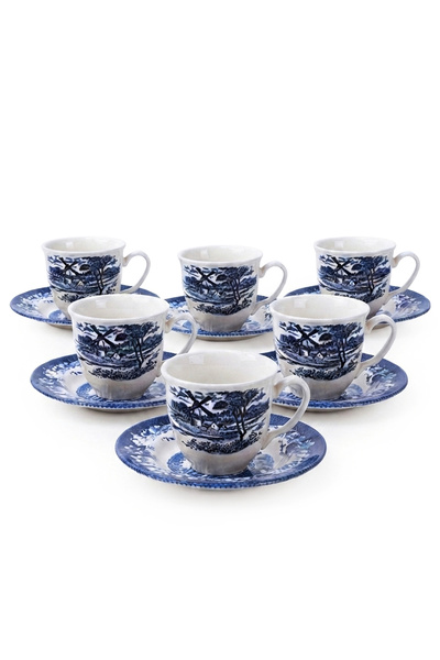 Claytan Earthenware Classic Blue Windmill Countryside Tea Cup & Saucer Set, 2...