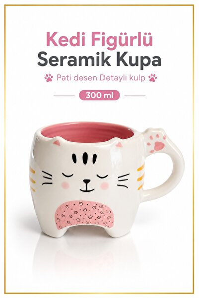 Rosie Pati izi detaylı kulp, ayaklı sevimli kedi yüzü desenli kupa 300 ml