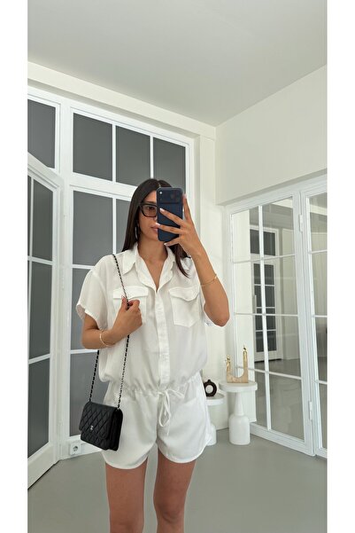 GAUS CO Beyaz Beli Lastikli Tencel Denim Tulum GAUS-01816