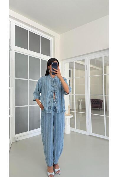 Mavi Tasarım Ceket Pantolon Çizgili Tencel Denim Takım GAUS-01687