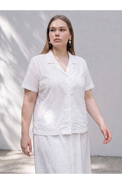 LC Waikiki White Plus Size Brode Women's Shirt