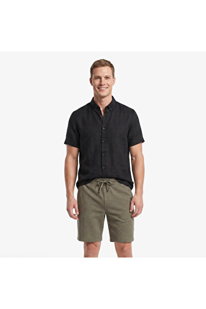 Nautica Erkek Siyah Regular Fit Kısa Kollu Keten Gömlek