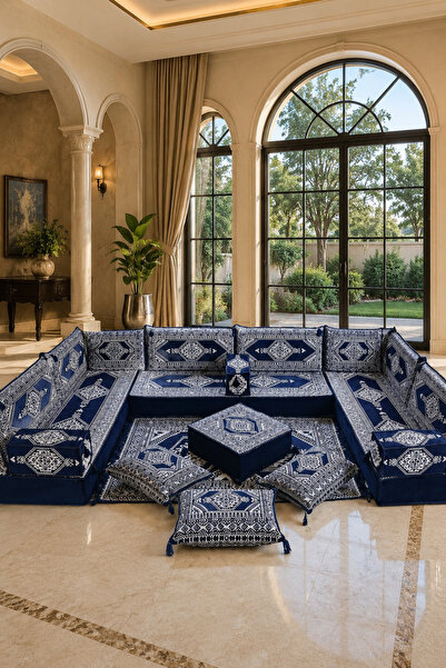 FEYZA DECOR HOME Saray Lacivert Çini Desenli 20 cm Yüksek Şark Köşesi Takımı