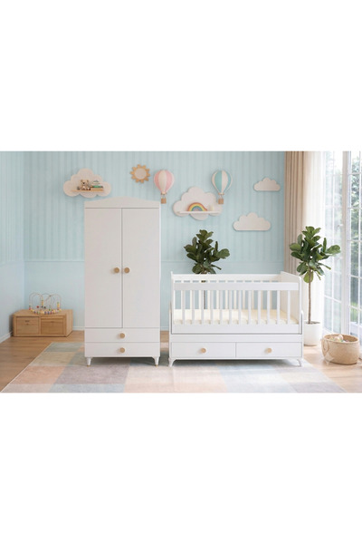 BANANA BABY MİA BEBEK ODASI İKİ ÇEKMECELİ GARDIROP VE ANNEYANI SALLANIR SABİT...