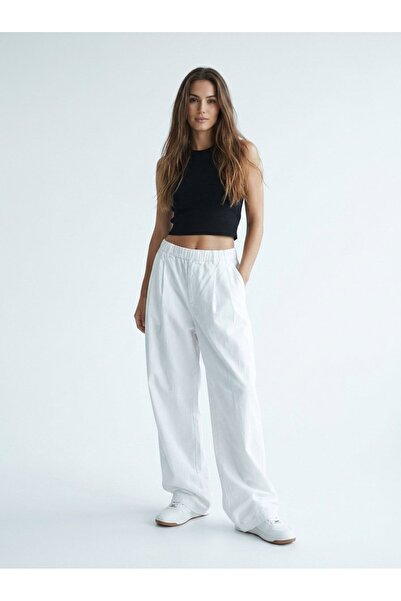 Ltb Wide Leg White Trousers with Elastic Waist