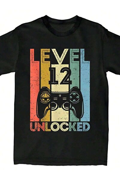 9JY تي شيرت صيفي مطبوع عليه Level 12 Unlocked Funny Video Gamer هدية عيد ميلا...