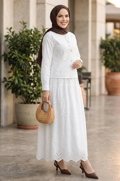 Neva Style Button Detailed Scallop White Hijab Double Set 50021B