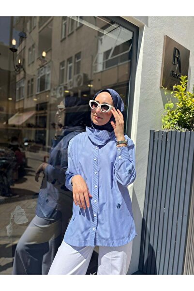 Babil Butik 2601-3049 İşlemeli Kadın Gömlek Mavi