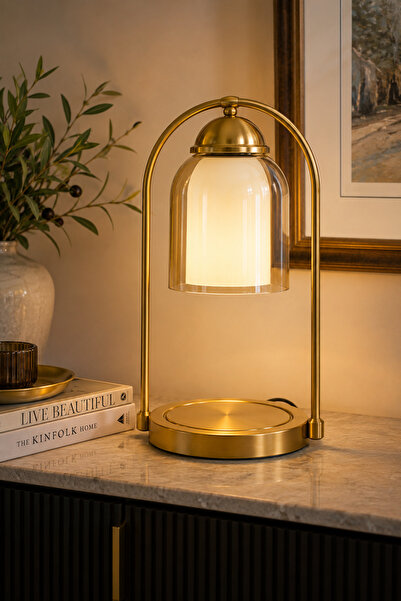 Home- Lara Modern Cam Abajur | Gold Metal Gövde Dekoratif Masa Lambası 38cm