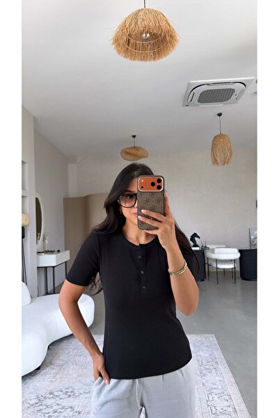 Buket Teke Black Original Zr Buttoned Ribbed Tshirt