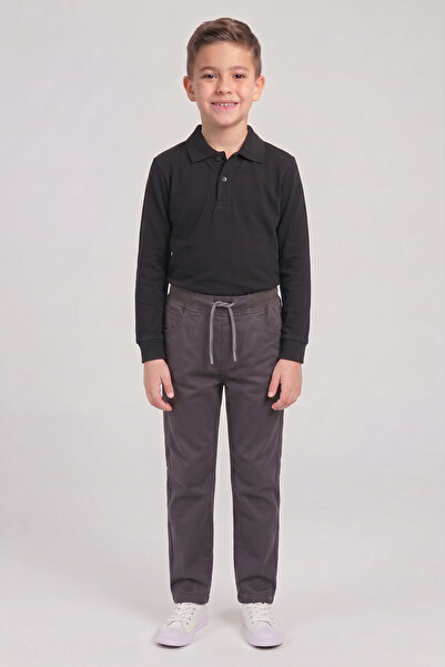 nacar çarşı Boys' Black Long Sleeve Polo Collar T-Shirt Smoked Ribbed Waist C...