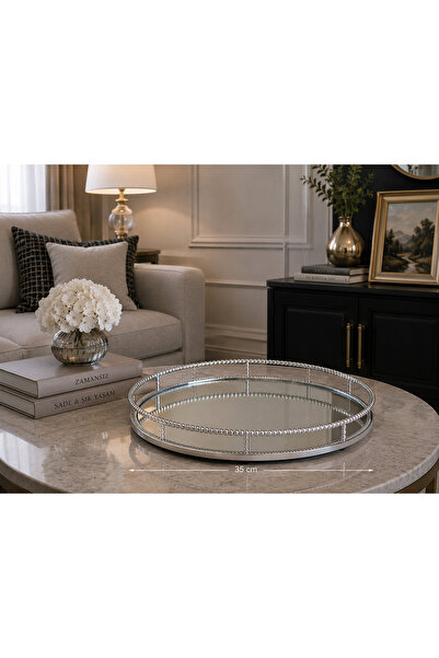 Hinora Round Metal Mirrored Glass Tray Decorative Presentation Tray Silver 35...