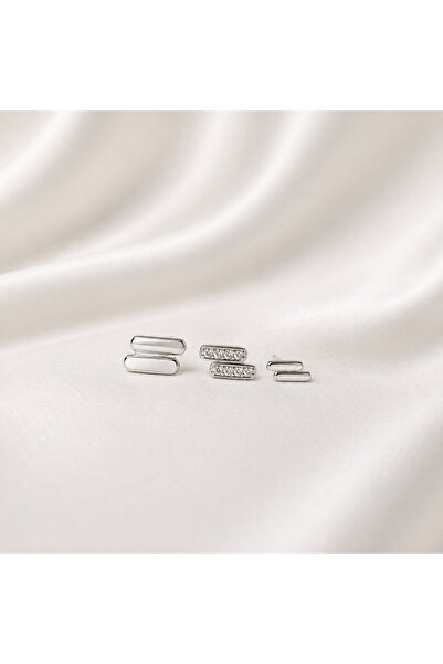 Yonida Jewelry Silver Sedefli Ve Taşlı İkiz Dikdörtgen Küpler Üçlü Glory Küpe