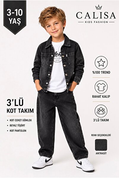CALİSA Boy's 3-Piece Denim Set Jean Jacket Shirt T-Shirt Trousers Denim Overs...