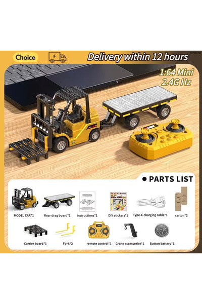 Choice11 HJ2025-2D yellow 1:64 RC Mini Alloy Car Forklift Crane Excavator Tab...