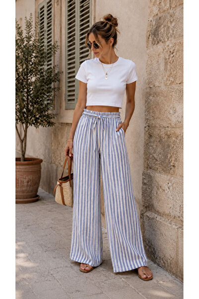 cesita Cream 100% Cotton Blue Thick Striped High Waist Muslin Trousers